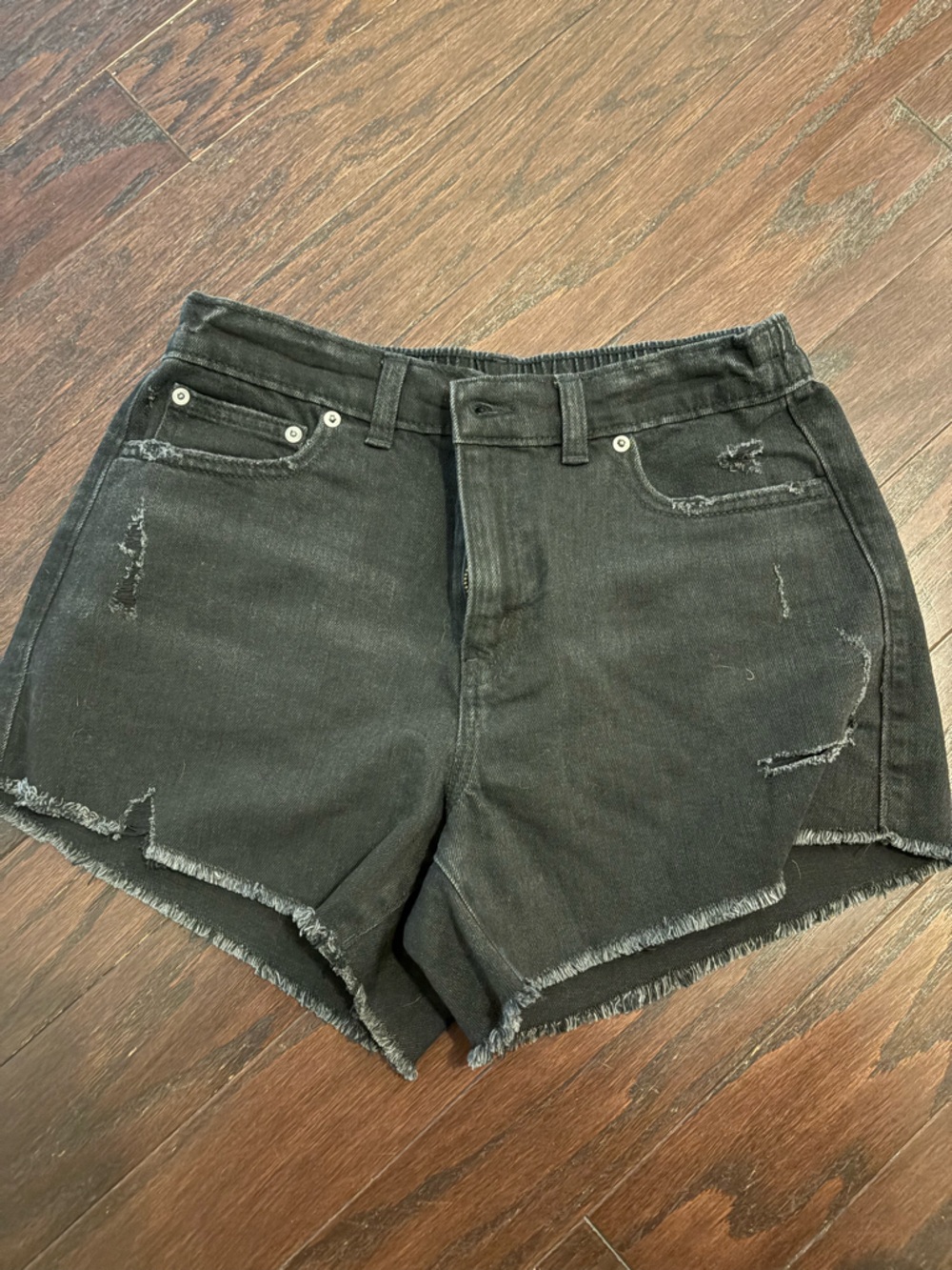 aerie Black Distressed Denim High-Waist Shorts